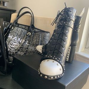 Black and white combat boots